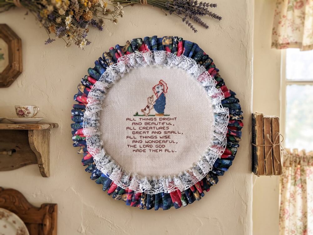 Vintage Cross Stitch "All Things Bright and Beautiful" Round Framed Art